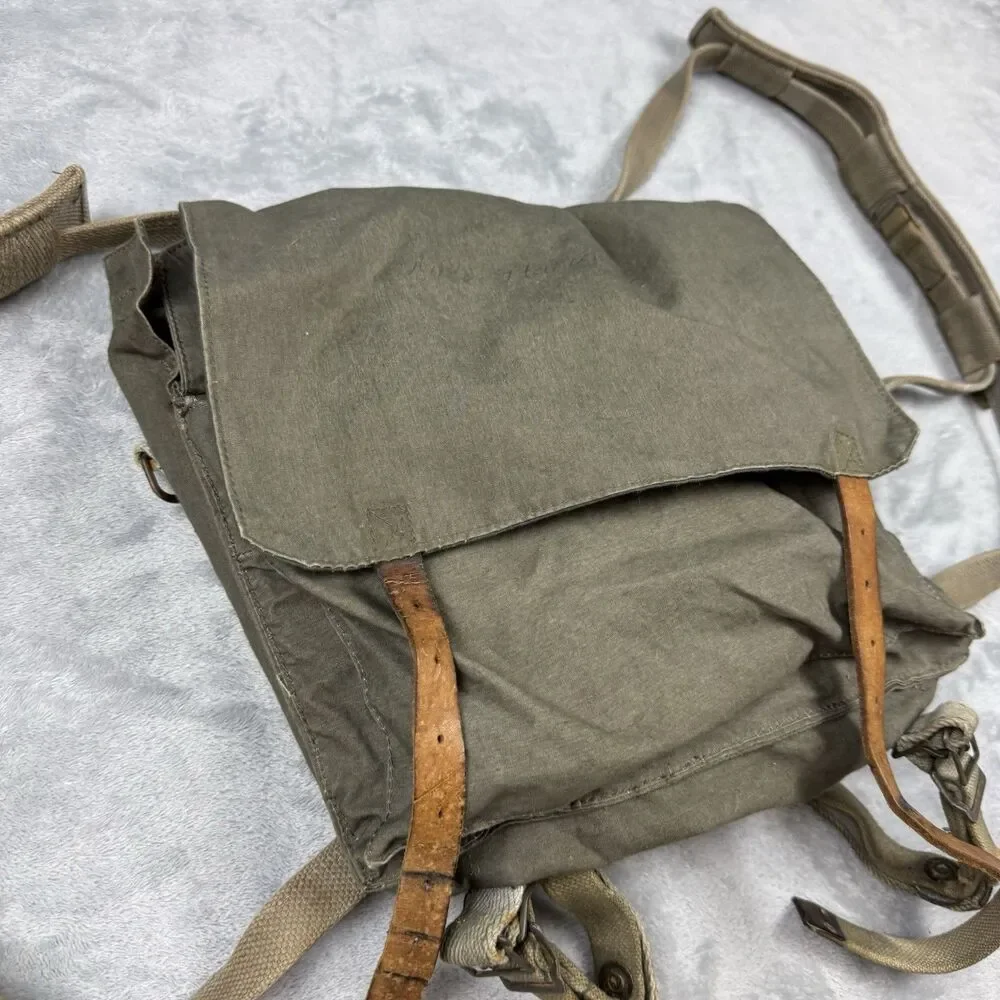 Vintage Military Canvas Field Backpack Olive Drab Leather Strap Rucksack M77
